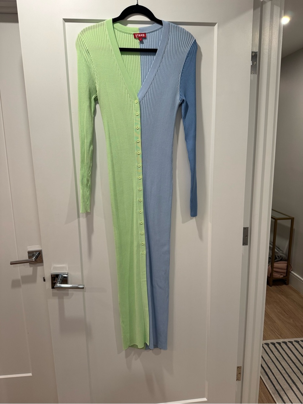STAUD Two-Tone Ribbed Button-Front Maxi Dress in Mint Green & Sky Blue